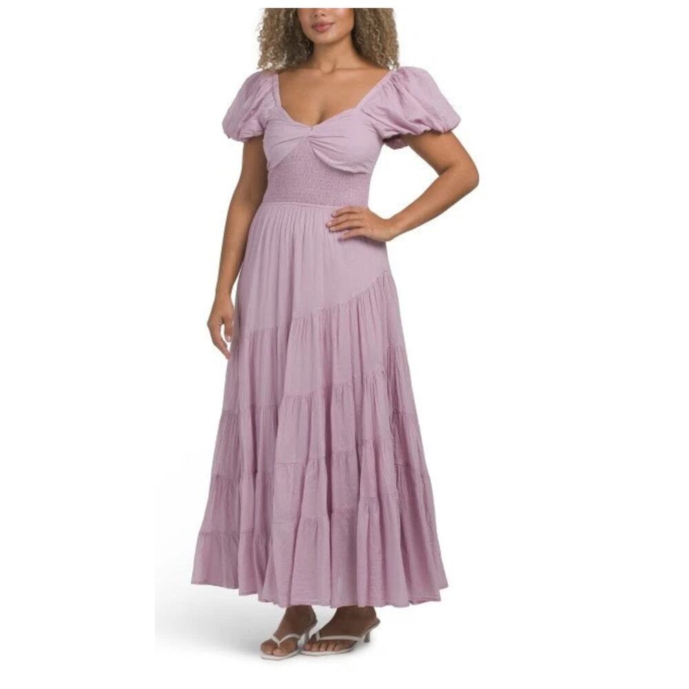 FREE PEOPLE Sundrenched Smocked Puff Sleeve Maxi Dress Size Medium